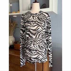 JUST CAVALLI Semi-Sheer Mesh Zebra Print Top Signature Signed Black White M